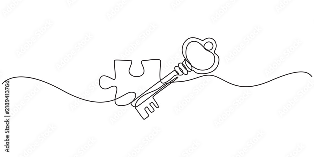 Obraz premium Continuous one line drawing of puzzle, key, solution, business concept, line art, vector, one line drawing of key into puzzle piece, Teamwork and partnership solving complicated tasks. line drawing 