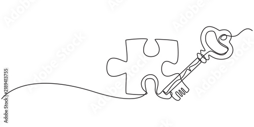Continuous one line drawing of puzzle, key, solution, business concept, line art, vector, one line drawing of key into puzzle piece, Teamwork and partnership solving complicated tasks.  line drawing 