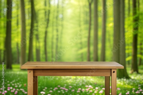a Wooden table and spring forest background