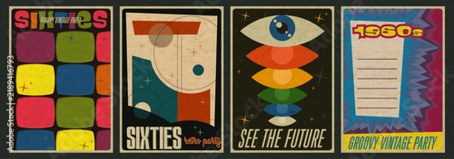 1950s - 1960s Abstract Background Set, Atomic Age Colors and Style, Space Age Poster Templates, Aged Texture Pattern