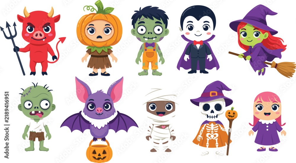 Obraz premium Cute Halloween Kid Costume Vector Set with Little Devil, Jack O Lantern Pumpkin, Zombies, Vampire, Witch, Purple Bat, Mummy, and Skeleton Characters for Children Holiday Invitations