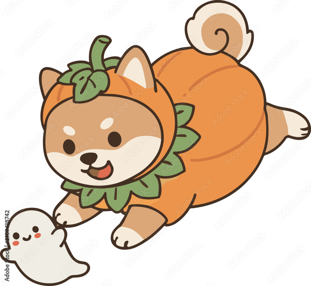 Obraz premium Cute Shiba Inu Dog in Pumpkin Costume Playing with Ghost Halloween Illustration