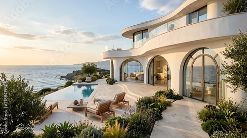 Modern Luxury Coastal Villa with Infinity Pool at Sunset