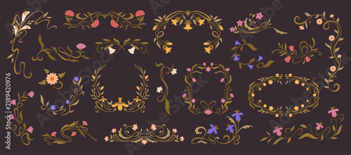 Art Nouveau floral frames. Decorative flower borders. Vintage classic ornament botanical frame, wreath, corner, divider with branches, leaves, flowers. Vector set