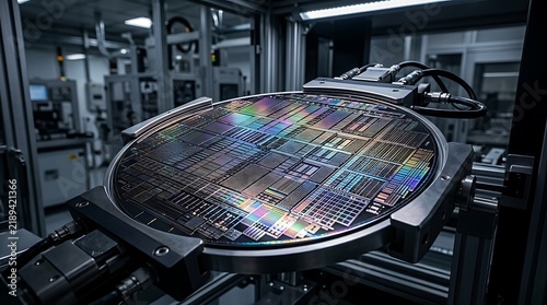 Detailed view of a silicon semiconductor wafer within a high-tech automated industrial production line