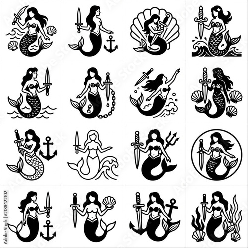 Foto Vintage Style Mermaid Characters with Various Accessories.
