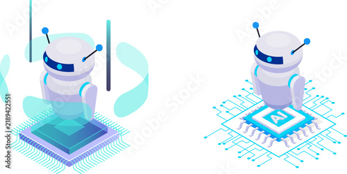 Robotic characters with antennae working on glowing digital chip platforms artificial intelligence technology microchip processor futuristic automation innovation character electronics