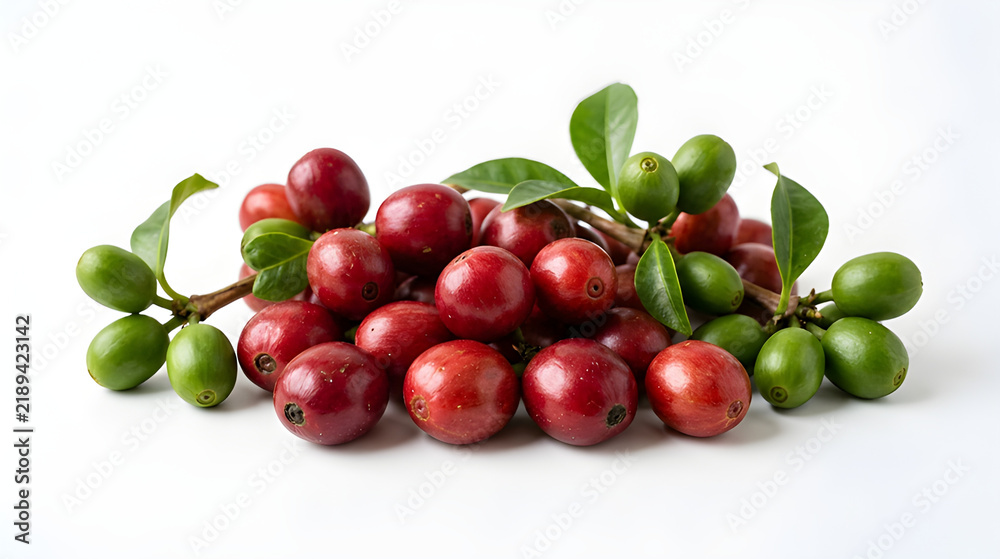 Obraz premium Fresh cranberries with green leaves on white background for food packaging and branding