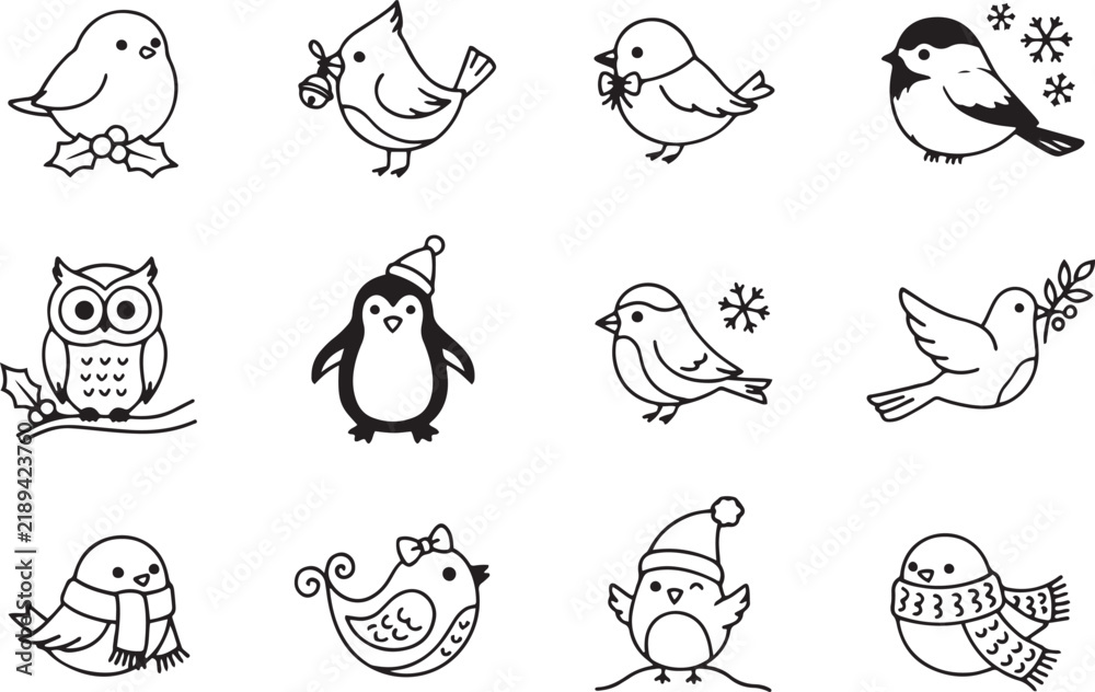 Obraz premium Drawn Birds Set with Winter Elements, Festive Icons, and Doodle Illustrations