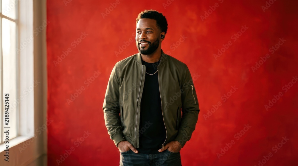 Fototapeta premium Stylish Black Man Posing Confidently Against a Vibrant Red Textured Wall.