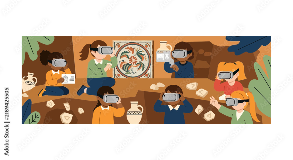 Fototapeta premium Diverse children using VR headsets to explore archaeology and historical artifacts illustration