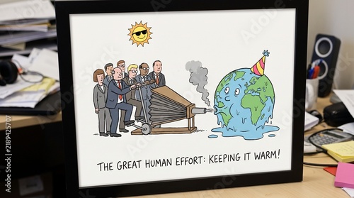 Satirical illustration showing human activity accelerating global warming, with people using machinery to heat an overheating Earth. Concept of climate change caused by human actions