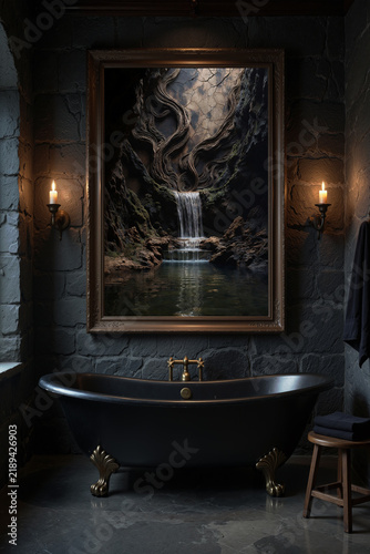 Elegant bathroom with a black tub and a large painting of a waterfall scene