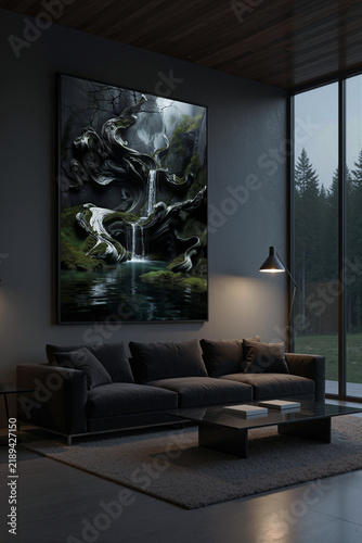 Modern living room with large artwork and natural scenery in evening light