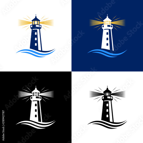 Lighthouse logo vector, Minimalist lighthouse logo design with ocean waves and circular frame concept lighthouse nautical maritime identity branding template navigation guidance business 