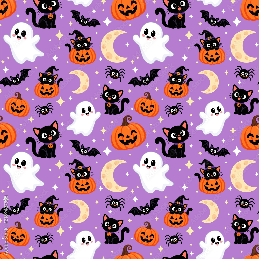 Obraz premium Cute Halloween Seamless Pattern with Black Cats Ghosts Pumpkins Bats and Moons on Purple Background