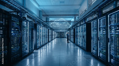Obraz na płótnie Cloud Computing Concept in Modern Data Center with IT Specialist and Network Server Racks