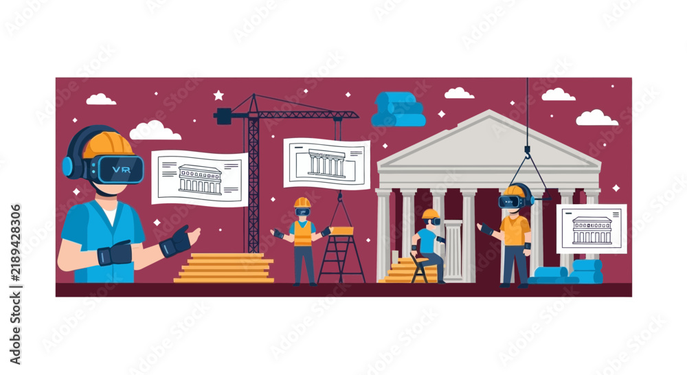 Naklejka premium Workers using VR headsets to construct a classical building on a digital site.