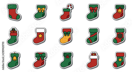 Set of colorful christmas stockings with holiday decorations and gift icons for winter holidays