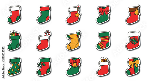 Set of colorful christmas stockings stickers with holiday patterns and festive gift decorations