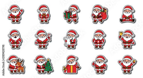 Set of cute santa claus stickers with various festive actions and christmas holiday elements