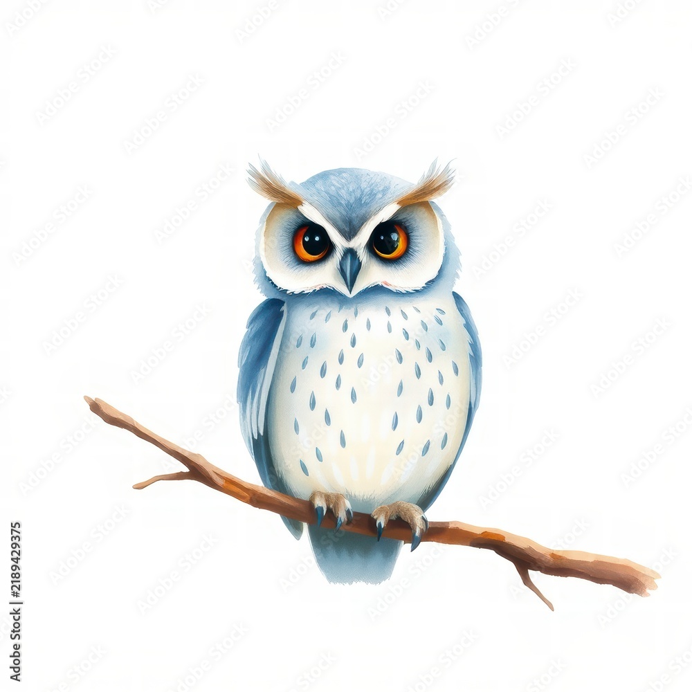 Obraz premium Cute cartoon owl perched on a tree branch isolated on white