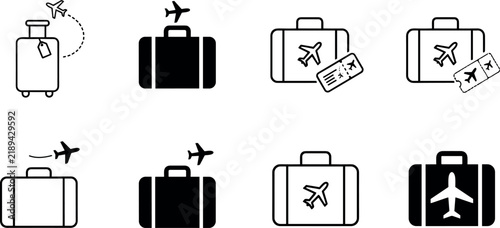 Set of black and white travel luggage suitcase and airplane vector icons for vacation concepts