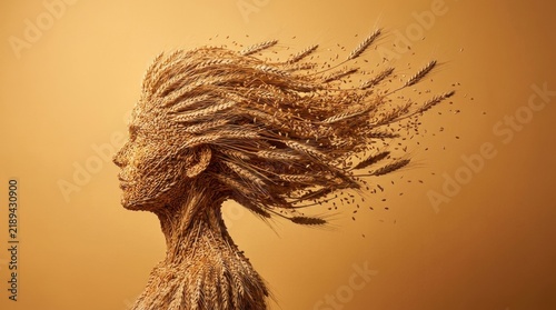 Wooden Bust Sculpture of Woman with Flowing Wheat Stalks Hair