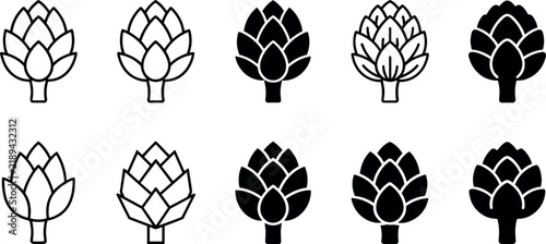 Set of artichoke vegetable vector icons with black and white outline and silhouette food designs