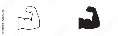 Bicep icon vector two styles outline solid. Strong bicep silhouette black icon represents fitness power and muscle growth