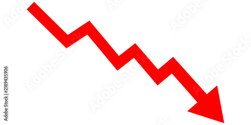 Cuadro en lienzo Red falling zig zag arrow showing market crash on checker backdrop