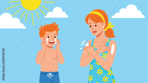 Mother and son applying sunscreen lotion on their skin outdoors under the bright sun during summer vacation to stay safe from ultraviolet rays