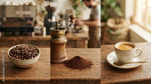 Obraz na płótnie Professional Coffee Making Process Collage with Roasted Beans, Manual Grinder and Fresh Espresso Cup