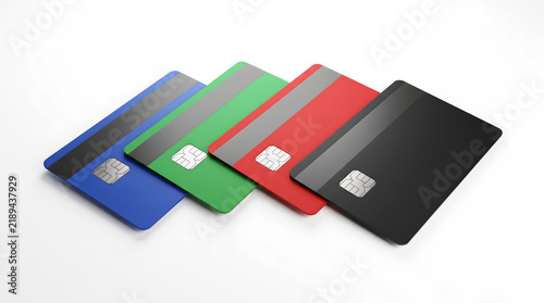 A collection of colorful credit cards arranged in a row on a white background