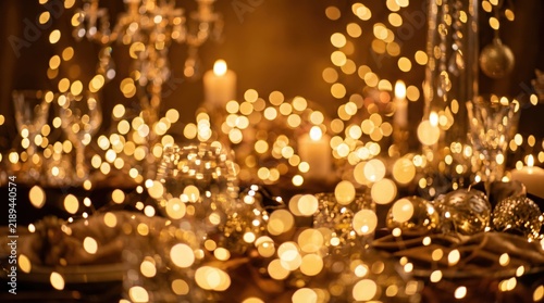 Elegant festive table setting with golden lights and blurred background for celebration ambiance