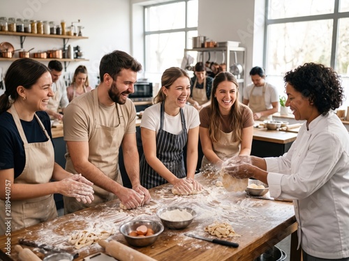 Group of Happy People Enjoying Cooking Class in Bright Modern Kitchen During Baking Activity