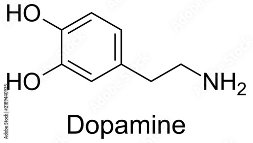 Vector illustration of Dopamine molecular structure and chemical formula. High-resolution, accurate scientific diagram ideal for dermatology, neurology, mental health, and educational infographics