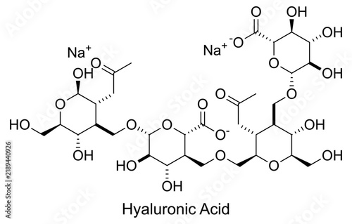 Vector illustration of Hyaluronic Acid molecular structure and chemical formula. High-resolution, accurate scientific diagram ideal for skincare, cosmetics, and educational infographics