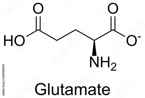 Vector illustration of Glutamate molecular structure and chemical formula. High-resolution, accurate scientific diagram ideal for dermatology, neurology, mental health, and educational infographics