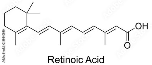 Vector illustration of Retinoic Acid molecular structure and chemical formula. High-resolution, accurate scientific diagram ideal for skincare, cosmetics, and educational infographics