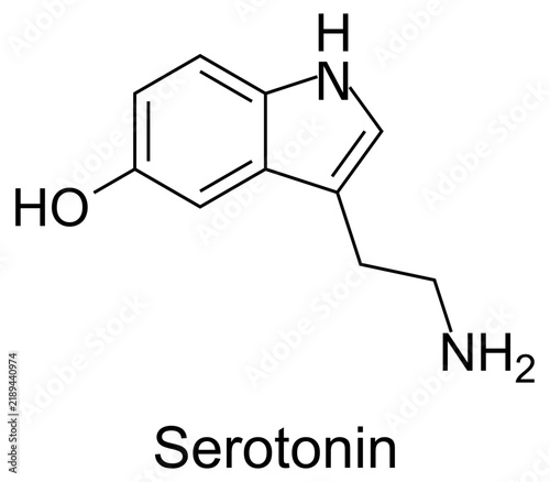Vector illustration of Serotonin molecular structure and chemical formula. High-resolution, accurate scientific diagram ideal for dermatology, neurology, mental health, and educational infographics