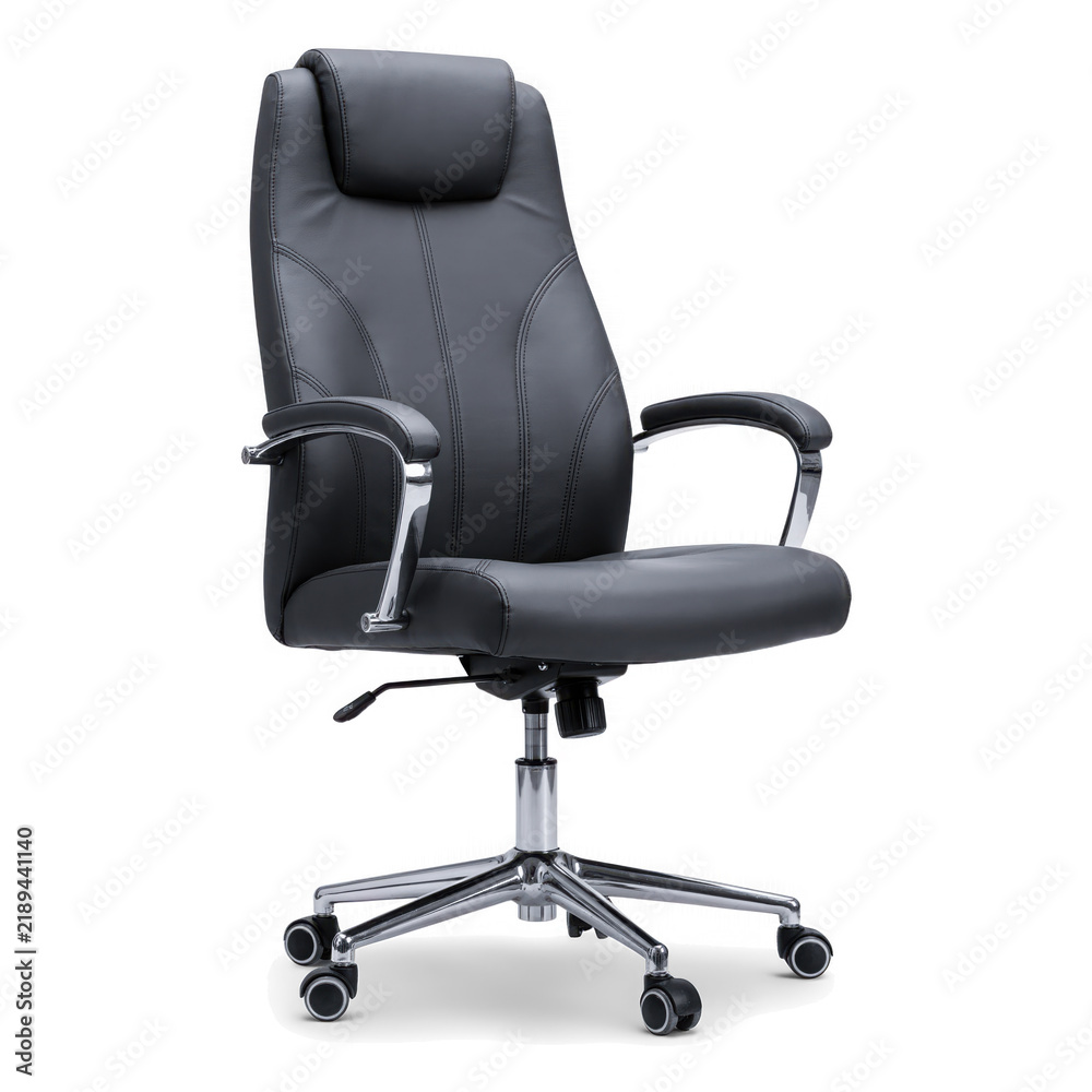 Obraz premium Black leather executive office chair with ergonomic design chrome accents and caster wheels.