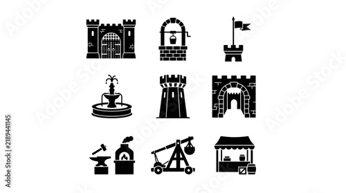 Tapety artystyczne Medieval Castle Architecture Icon Set.