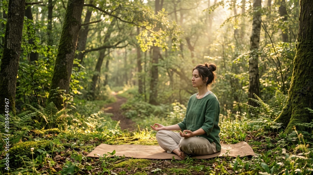 Obraz premium Serene Woman Meditating in Lush Green Forest with Soft Sunlight Streaming Through Trees