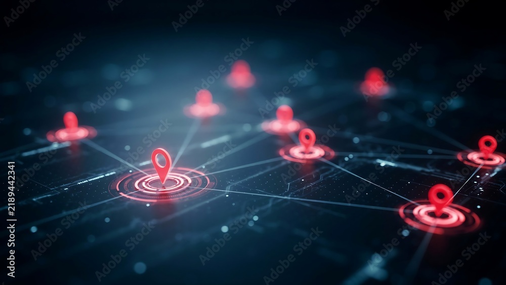 Fototapeta premium Title: Network Pins Display a Connected Digital Map with Glowing Red Markers. Abstract Technology Concept with Data Points and Lines.