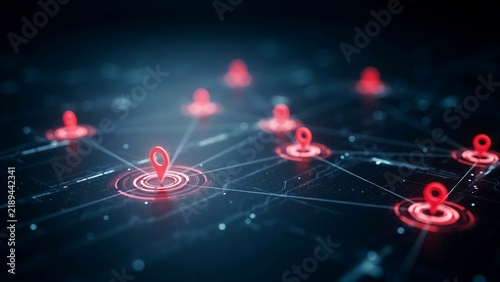 Title: Network Pins Display a Connected Digital Map with Glowing Red Markers. Abstract Technology Concept with Data Points and Lines.