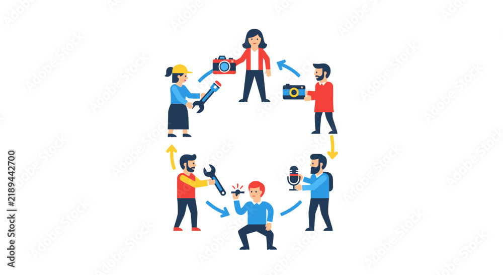 Fototapeta premium Collaborative Sharing Economy Illustration with Professionals Exchanging Tools