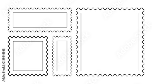 Set of black outline postage stamp shapes with various serrated edges on white background