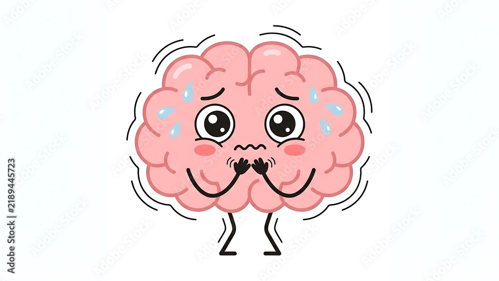 Fototapeta premium Cute cartoon brain sweating and trembling with fear in panic