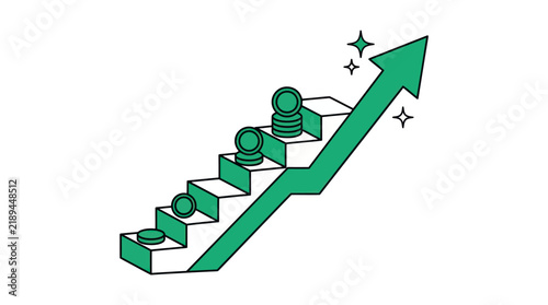 Financial growth stairs illustrate rising income with stacked coins and a green upward arrow on a white background.